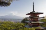 Mt. Fuji Viewed From Behind Chureito Pagoda Stock Photo