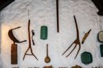 Old Farming Tools On A Wall In Budapest Stock Photo