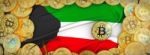 Bitcoins Gold Around Kuwait  Flag And Pickaxe On The Left.3d Ill Stock Photo