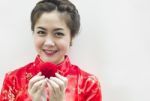 Smiling Beautiful Chinese Woman Holding The Rose Stock Photo