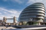 View Of City Hall And Tower Bridge In London Stock Photo