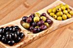 Variety Of Green, Black And Mixed Marinated Olives Stock Photo