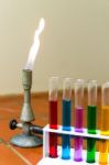 Gas Burner With Colored Test Tubes Stock Photo