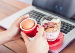 Medium Boiled Egg Breakfast With Granola On Work Station Stock Photo