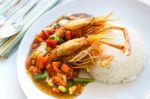 Thai Food, Deep-fried Prawns With Black Pepper Sauce Stock Photo