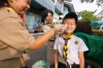 Student 9-10 Years Old, Welcome To Boy Scout Camp In Bangkok Thailand Stock Photo