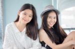 Two Asia Thai Teen Best Friends Girls Smile And Funny Stock Photo