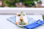 Vietnamese Spring Rolls With Vegetables And Coriander On A Plate Stock Photo