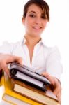 Front View Of Cheerful Woman Holding Text Books Stock Photo