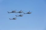 Mi-28n (havoc) Attack Helicopters Of Aerobatic Team Berkuty Fly Stock Photo