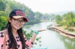 Tourist On Death Railway Bridge Viewpoint Stock Photo