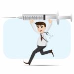 Cartoon Doctor Carrying Big Syringe Stock Photo