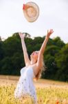 Beautiful Young Blonde Scottish Girl In White Dress At Golden Wh Stock Photo