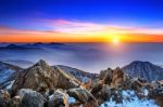 Beautiful Landscape At Sunset On Deogyusan National Park In Winter,south Korea Stock Photo