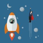 Businessman Superhero Fly Pass Businessman On A Rocket Stock Photo