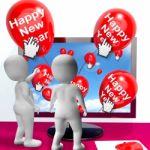 Happy New Year Balloons Show Online Celebration Or Invitations Stock Photo