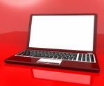 Red Computer On Desk With White Copyspace Stock Photo