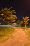 Night Public Park In The City With Houses Near Stock Photo