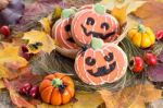 Halloween Decor Pumpkin Cookies Stock Photo