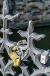 Padlocks On The Railings Of The Charles Bridge In Prague Stock Photo