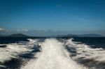 Wake Behind The Boat In The Sea Stock Photo