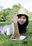 Asian College Student Studying Outdoor Stock Photo