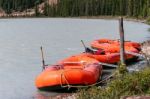 Rafts Moored On The Athabasca River Stock Photo