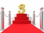 Golden Three On Red Carpet Means Shiny Stage Or Anniversary Part Stock Photo