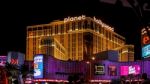 Night Scene Along The Strip Towards Planet Hollywood In Las Vega Stock Photo