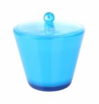 Side Of Blue Plastic Jar With Cover On White Background Stock Photo