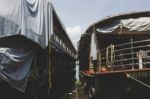 Two House Boats Docked Next To Each Other Stock Photo