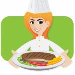 Cartoon Girl Chef Serving Steak Stock Photo