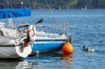 Yachts At Lake Mondsee In Austria Stock Photo