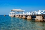 Wood Waterfront Pavilion In Koh Si Chang Island, Thailand. Asdang Bridge Stock Photo