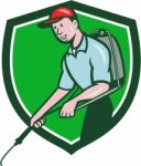 Pest Control Exterminator Spraying Crest Cartoon Stock Photo