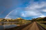 Double Rainbow Over The Otago Peninsula Stock Photo