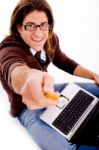 Side Pose Of Smiling Man With Laptop And Pencil Stock Photo