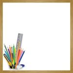 White Board And Object Tool For Office Stationery And School. Pencil With Eraser And Ruler On A White Background Stock Photo