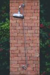 Outside Large Chrome Shower At Swimming Pool Area Stock Photo