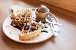 Belgian Waffles With Fruit And Chocolate, Forest Fruit, All Home Stock Photo