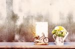 Bike Wood And Vases On Wooden Stock Photo