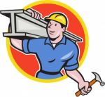 Construction Steel Worker Carry I-beam Circle Cartoon Stock Photo