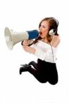 Top View Of Female Enjoying Music And Holding Loudspeaker Stock Photo