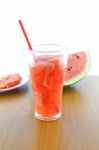 Glass Of Watermelon Juice On Table Stock Photo