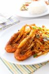 Italian Thai Fusion Food  Spaghetti Stir Fry With Thai Spicy  An Stock Photo