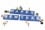 Miniature Worker Team Building Word Happy New Year On White Back Stock Photo