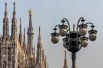 Spires Of The Duomo Cathedral And Street Lamps In Milan Stock Photo