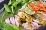 Thai Food Name Is Steamed Squid With Lemon Stock Photo