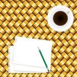 Coffee And Paper Note On Seamless Yellow Wooden Background Stock Photo