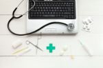 Laptop Computer And Retro Medical Instruments Stock Photo